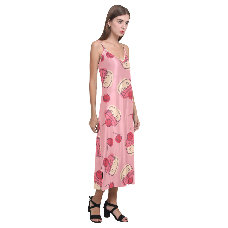 Cake cherry pattern V-Neck Open Fork Long Dress