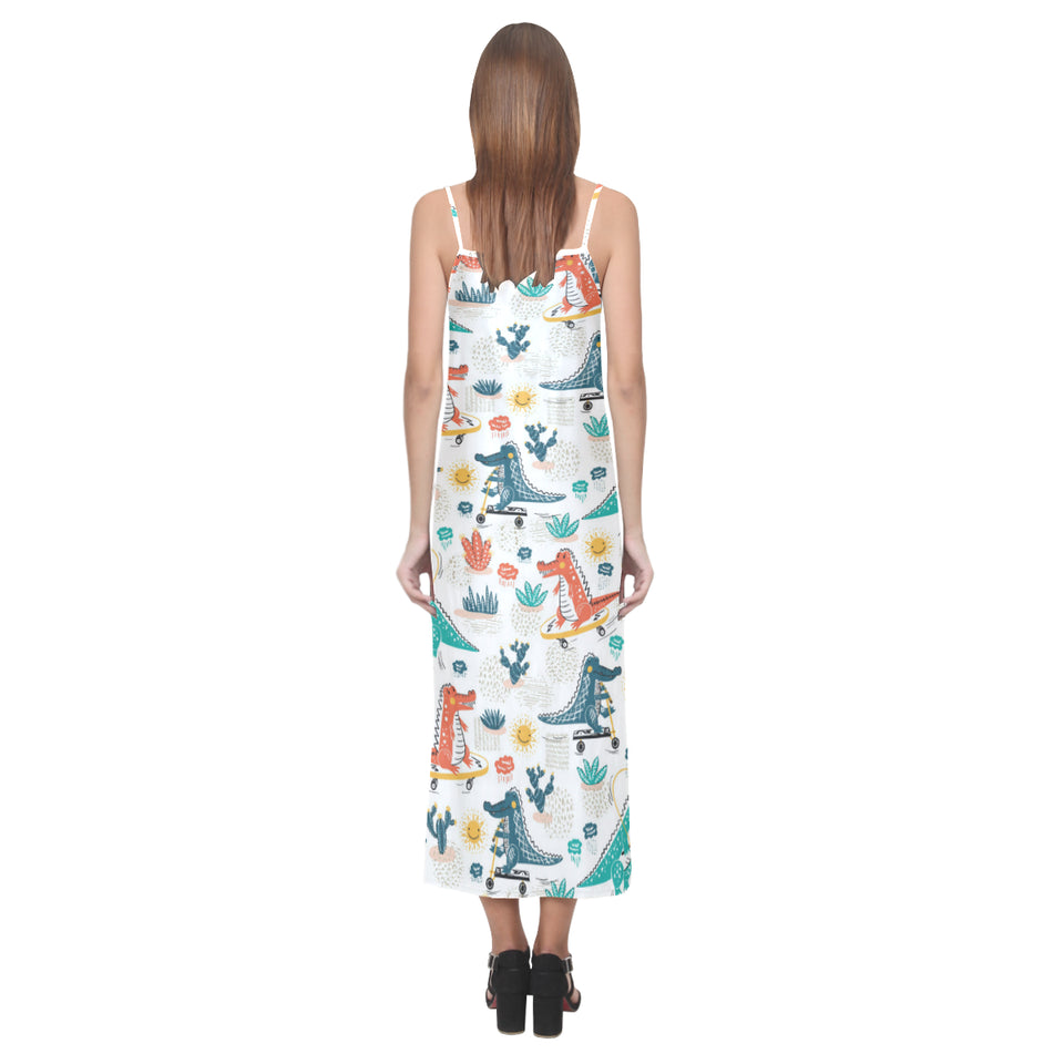 Cute Crocodile Pattern V-Neck Open Fork Long Dress