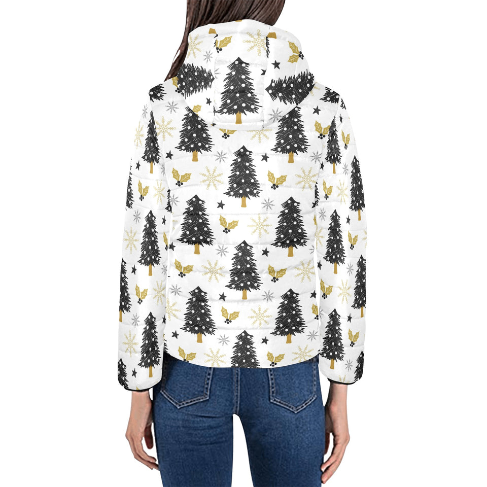 Christmas tree holly snow star pattern Women's Padded Hooded Jacket