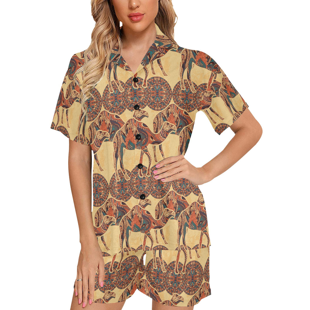 Camel polynesian tribal design pattern Women's V-Neck Short Pajama Set