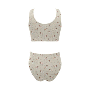 Jack Russel Pattern Print Design 02 Chest Bowknot High Waisted Bikini Swimsuit