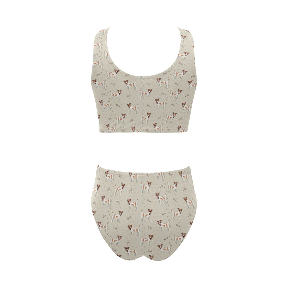 Jack Russel Pattern Print Design 02 Chest Bowknot High Waisted Bikini Swimsuit