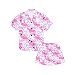 Pink flamingo flower pattern Kids' Boys' Girls' V-Neck Short Pajama Set