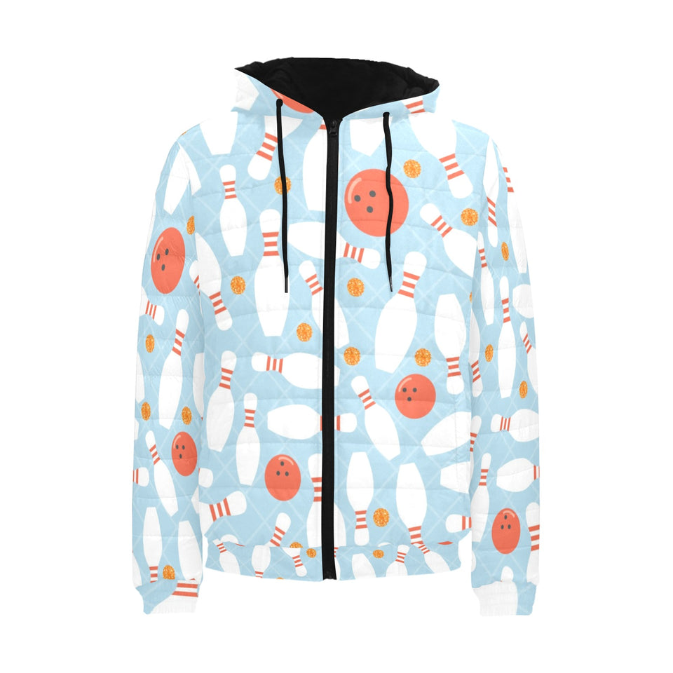 Bowling ball bowling pins blue blackground Men's Padded Hooded Jacket
