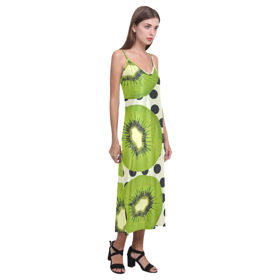 kiwi black dot background V-Neck Open Fork Long Dress
