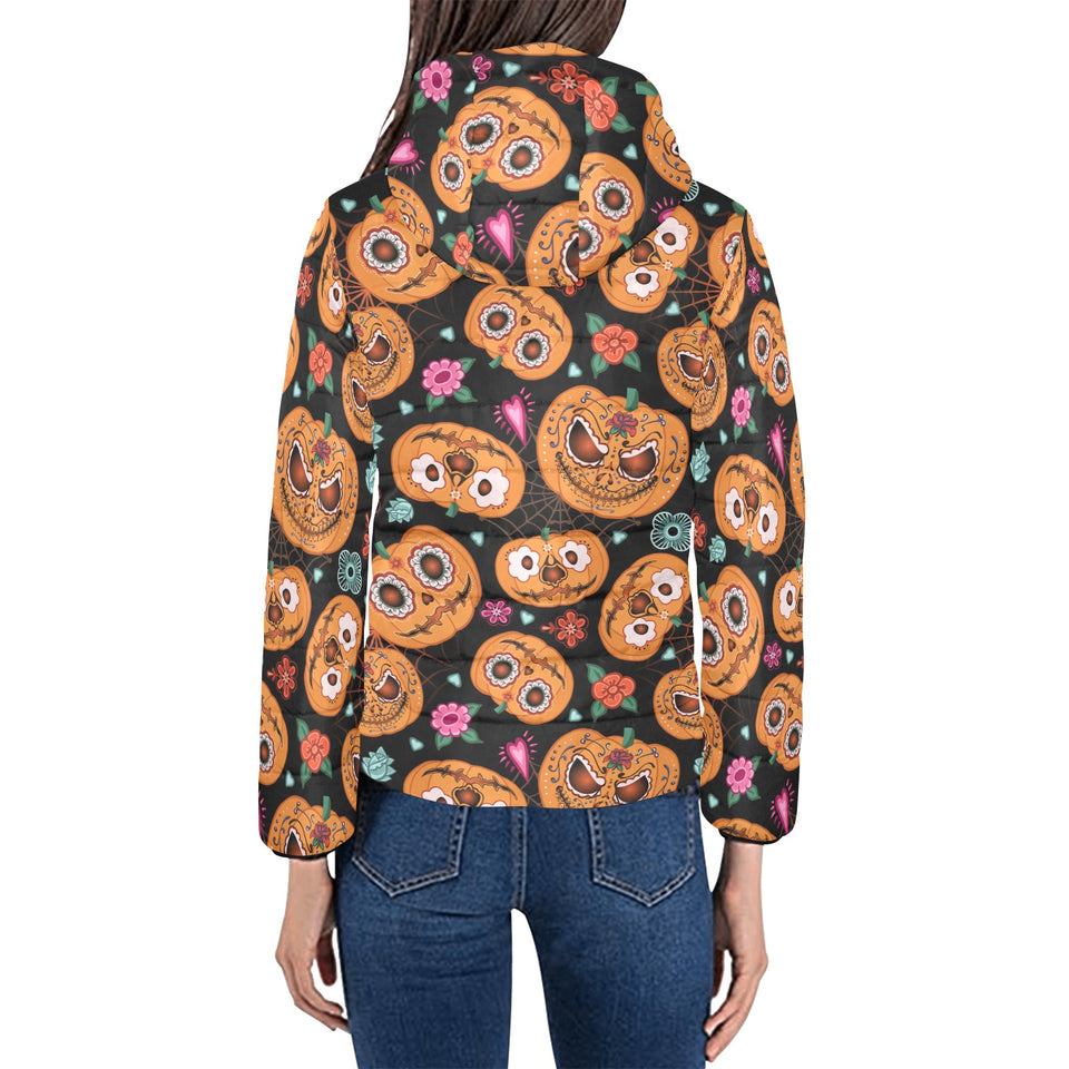 Pumpkin flowers spiderweb Halloween theme Women's Padded Hooded Jacket
