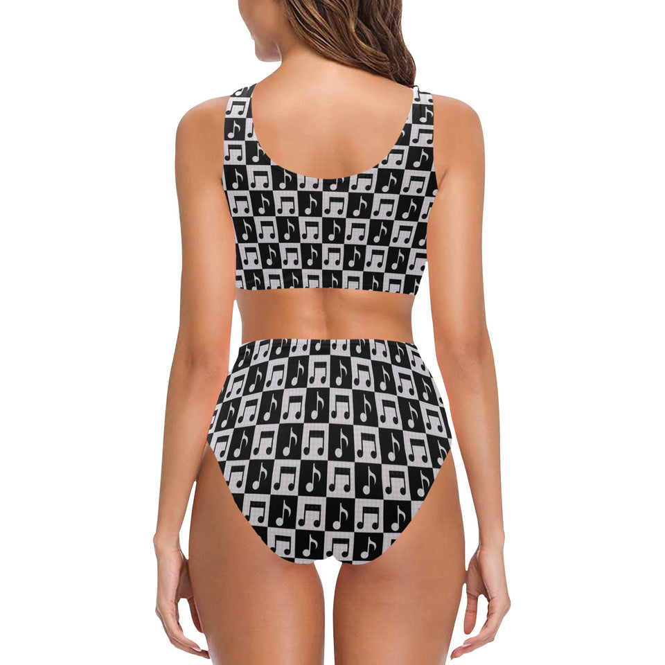 Music Notes Pattern Print Design 01 Chest Bowknot High Waisted Bikini Swimsuit