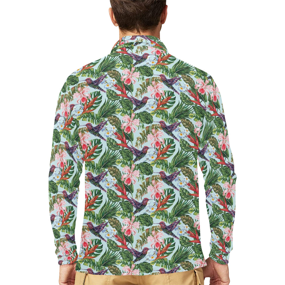 Hummingbird Pattern Print Design 05 Men's Long Sleeve Polo Shirt