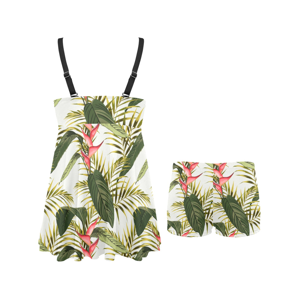 heliconia pattern Chest Sexy Pleated Two Piece Swim Dress