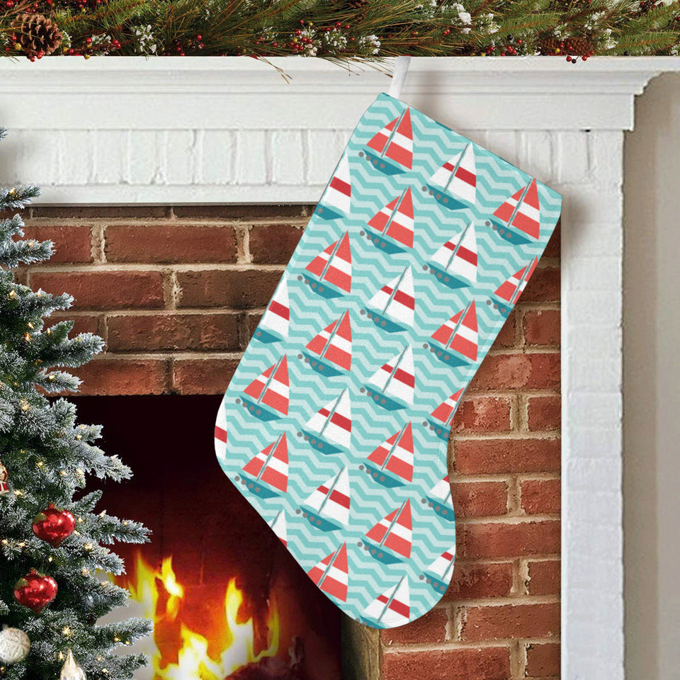Red White sailboat wave background Christmas Stocking