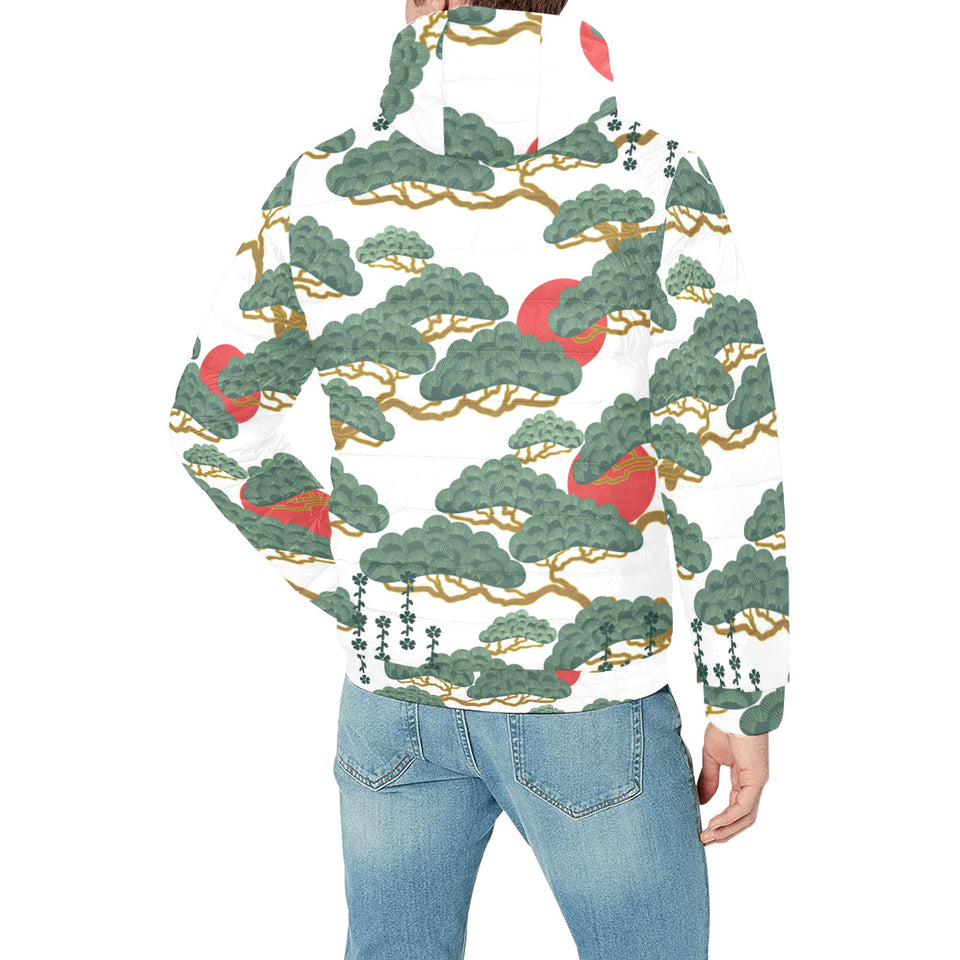 Bonsai red sun japanese pattern Men's Padded Hooded Jacket