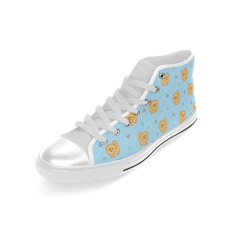 Brown cute pomeranian blue blackground Men's High Top Canvas Shoes White
