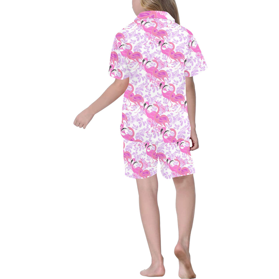 Pink flamingo flower pattern Kids' Boys' Girls' V-Neck Short Pajama Set