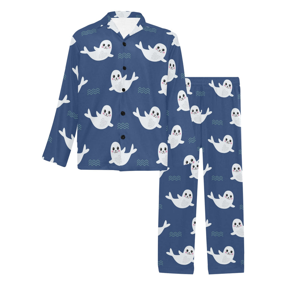 Cute white baby sea lion seal pattern Men's Long Pajama Set