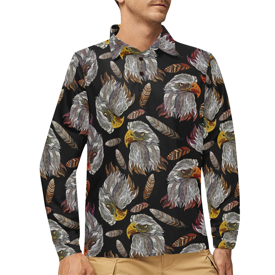 Eagle Pattern Print Design 05 Men's Long Sleeve Polo Shirt