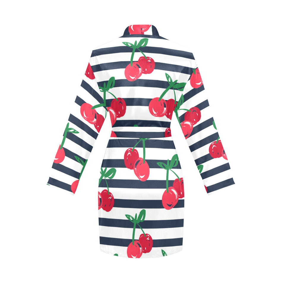 Hand drawn cherry pattern striped background Women's Long Sleeve Belted Night Robe