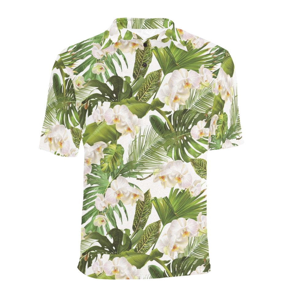 White orchid flower tropical leaves pattern Men's All Over Print Polo Shirt