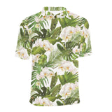 White orchid flower tropical leaves pattern Men's All Over Print Polo Shirt