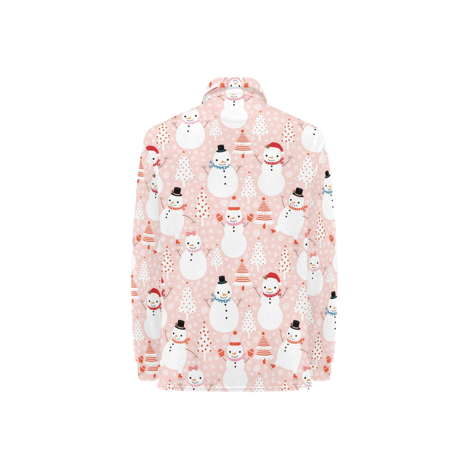Cute snowman christmas tree snowpink background Women's Long Sleeve Polo Shirt