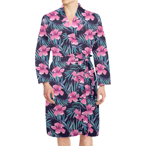 Hibiscus Pattern Print Design 05 Men's Long Sleeve Belted Night Robe