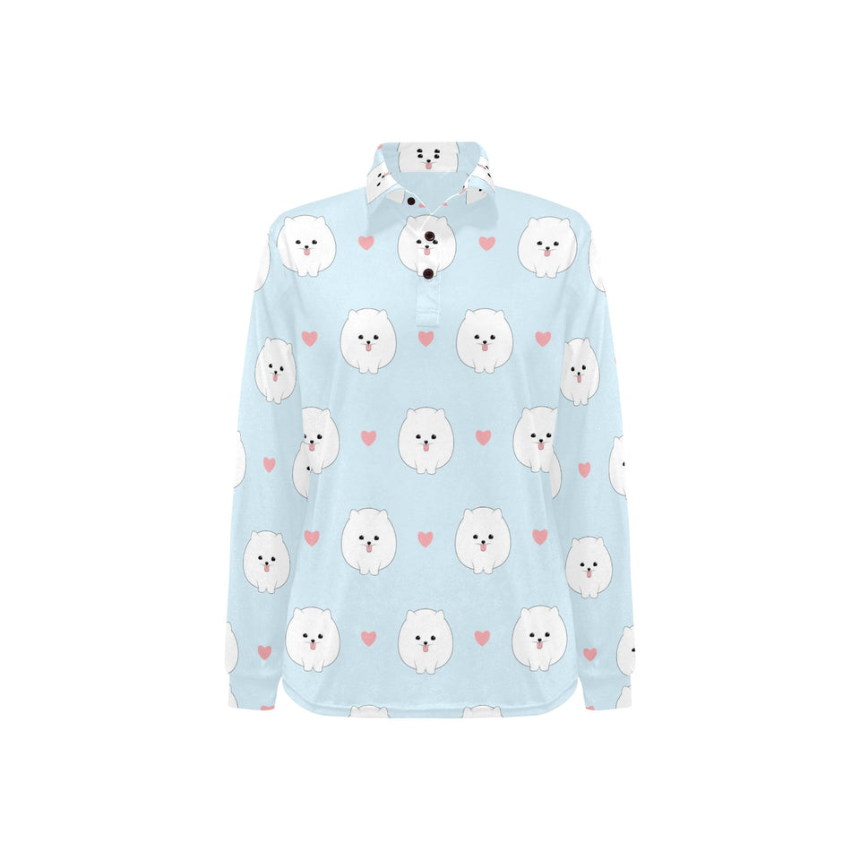 White cute pomeranian pattern Women's Long Sleeve Polo Shirt