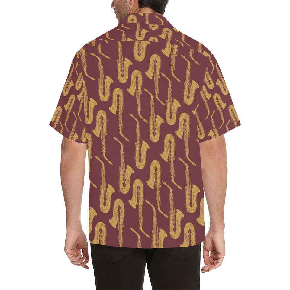 Hand drawn gold saxophone red background Men's All Over Print Hawaiian Shirt