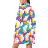 Colorful crow illustration pattern Women's Long Sleeve Belted Night Robe