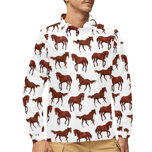 Horses running pattern background Men's Long Sleeve Polo Shirt
