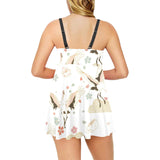 Beautiful Japanese cranes pattern Chest Sexy Pleated Two Piece Swim Dress