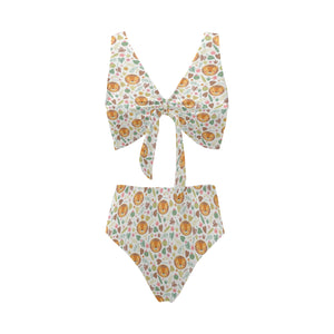 Lion Pattern Print Design 04 Chest Bowknot High Waisted Bikini Swimsuit