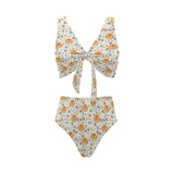 Lion Pattern Print Design 04 Chest Bowknot High Waisted Bikini Swimsuit