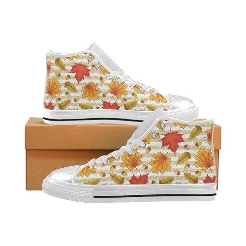 Maple leaf oak leaf acorns beige striped backgroun Women's High Top Canvas Shoes White