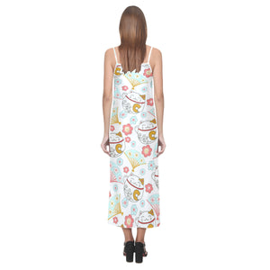 Maneki neko cat fan sakura V-Neck Open Fork Long Dress