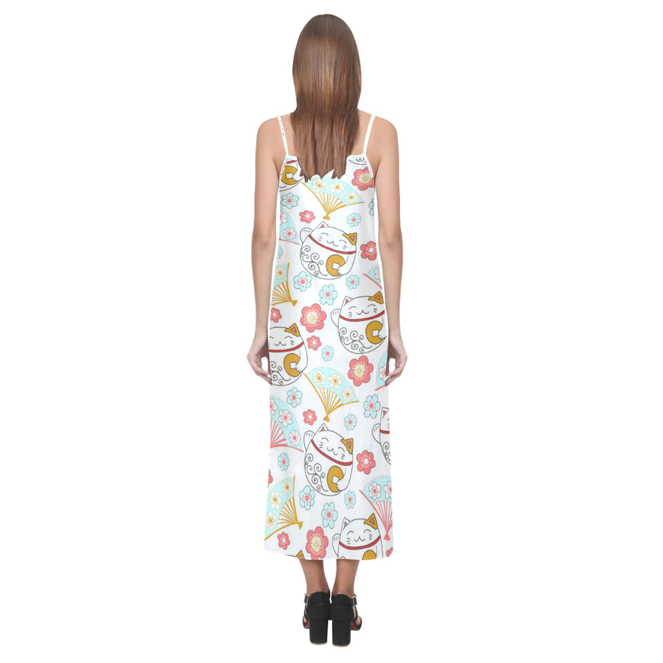 Maneki neko cat fan sakura V-Neck Open Fork Long Dress