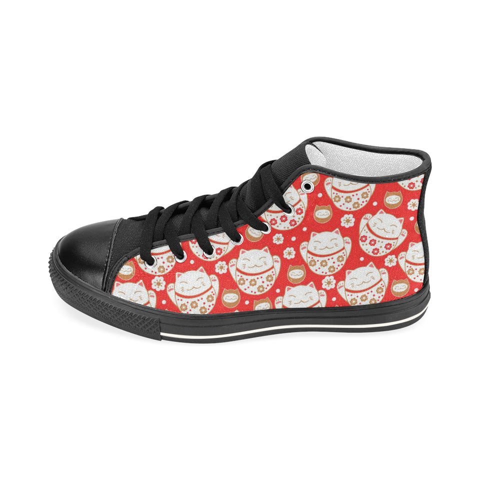 Cute Maneki neko cat red background Women's High Top Canvas Shoes Black