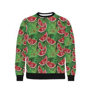 Watermelons tropical palm leaves pattern backgroun Men's Crew Neck Sweatshirt