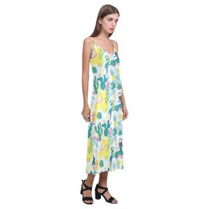 Cute parrot toucan flamingo cactus exotic leaves p V-Neck Open Fork Long Dress