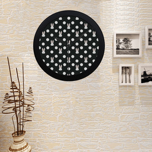 Cute white rabbit polka dots black background Elegant Black Wall Clock
