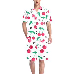 cherry pattern white background Men's V-Neck Short Pajama Set