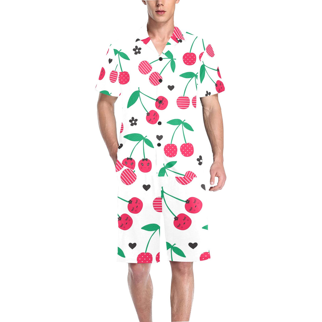 cherry pattern white background Men's V-Neck Short Pajama Set