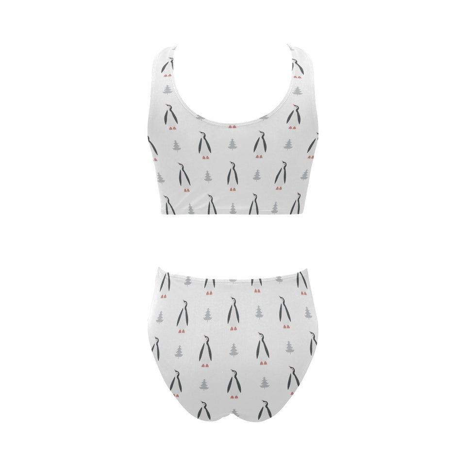 Penguin pattern Chest Bowknot High Waisted Bikini Swimsuit