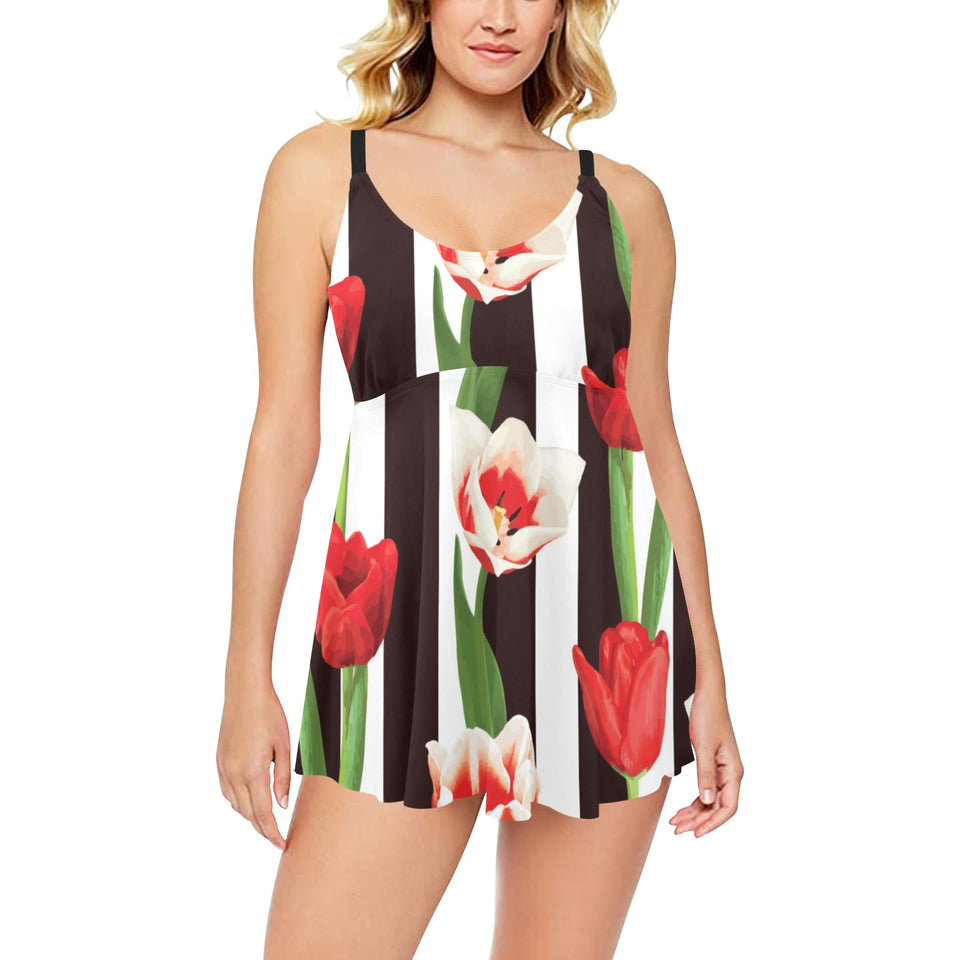 red and white tulips pattern Chest Sexy Pleated Two Piece Swim Dress