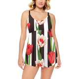 red and white tulips pattern Chest Sexy Pleated Two Piece Swim Dress
