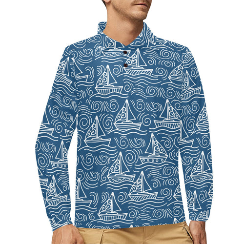 Hand drawn sailboat pattern Men's Long Sleeve Polo Shirt