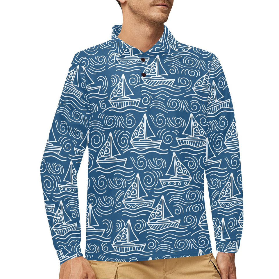 Hand drawn sailboat pattern Men's Long Sleeve Polo Shirt