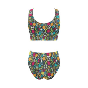 Gear Pattern Print Design 03 Chest Bowknot High Waisted Bikini Swimsuit