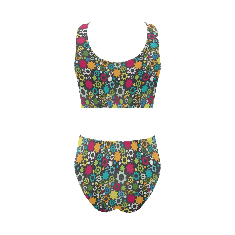 Gear Pattern Print Design 03 Chest Bowknot High Waisted Bikini Swimsuit
