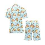 Hand drawn pizza blue background Men's V-Neck Short Pajama Set
