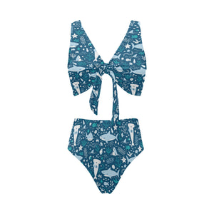 Cute shark pattern Chest Bowknot High Waisted Bikini Swimsuit