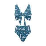Cute shark pattern Chest Bowknot High Waisted Bikini Swimsuit